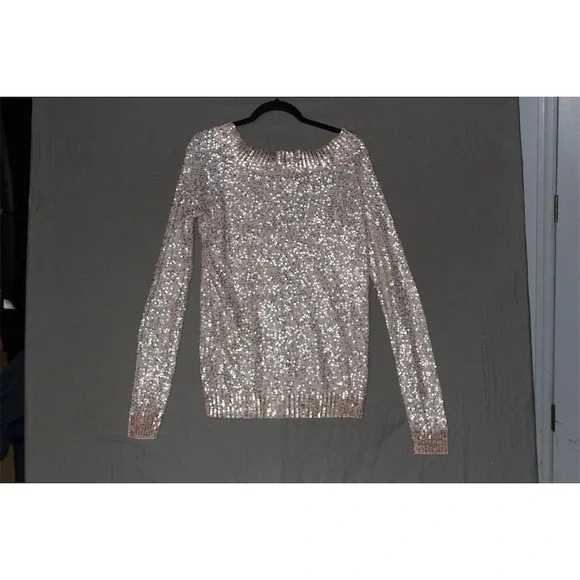 Donna Karan Vintage Sweater Womens L Silver Metallic Sequin Knit Pullover Top - Picture 4 of 5